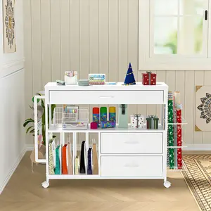 Wrapping Paper Organizer Cart with 3 Wooden Drawers, Rolling Craft Storage for Ribbon Gift Bags and Wrapping Paper, White