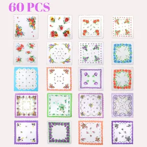60Pcs Flowers Embroidered Handkerchief - Soft Cotton Floral Hankies for Women,Elegant Perfect Gift for Weddings, Crafts, Daily Use