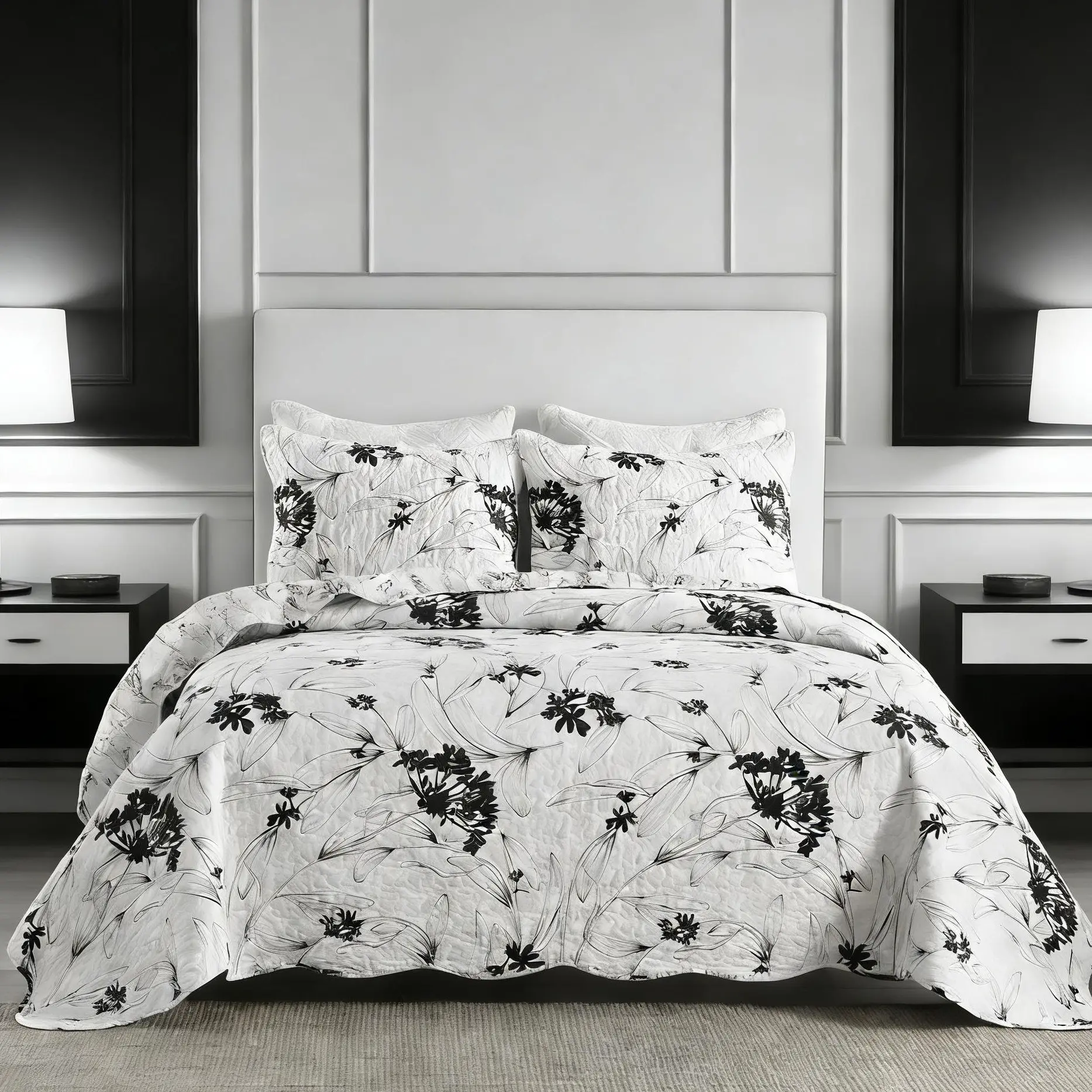 Botanical Print Duvet Cover Set - 3-Piece Black & White White Floral Quilt Bedspread, Patterned Design Duvets, Modern Flat-Weave, Lightweight & Versatile for Queen/King Sizes, Botanical Print Duvets