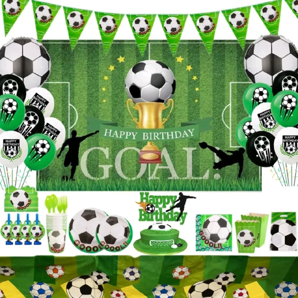 Soccer Birthday Party Decorations Full Kit - Plastic Balloons, Banner, Tablecloth, Tableware Set for Festive Home Party Supplies