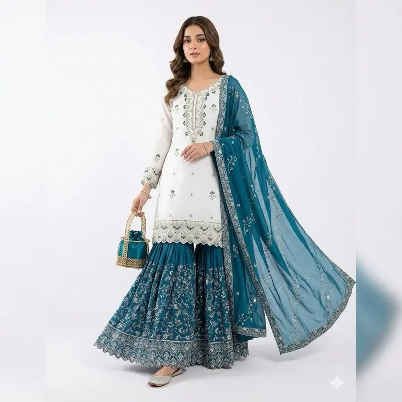 Women's Original Asian Indian Gharara Suit - Party Wear Clothes with Various Racakors, White Top