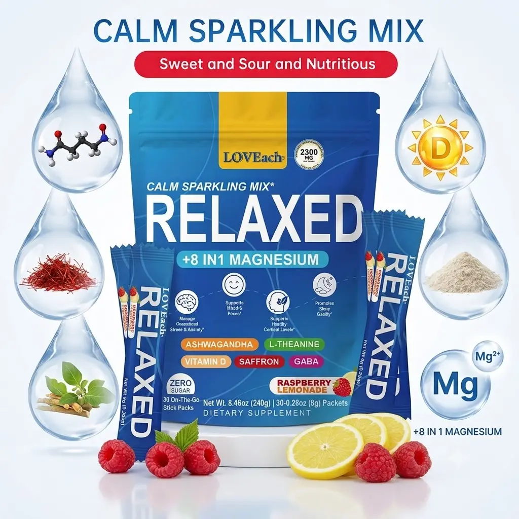8-in-1 Magnesium Sparkling Mix - Sugar Free Raspberry Lemonade Drink, Single Serve Stress Relief Supplement with GABA, Ashwagandha, L-Theanine for Anxiety Support, Mood Boost, Sleep Aid (30 Packets), Sugar Free Drink