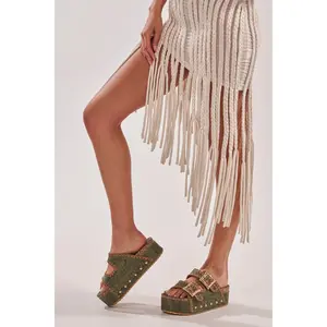 AZALEA WANG OHKAY GREEN FLATFORM STUD EMBELLISHED SLIP ON SANDAL