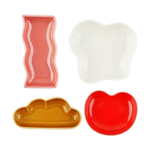 POLAATHOME Korean Mini Dipping Sauce Dish Set - 4pc Ceramic Condiment Plates for Soy Sauce, Vinegar, Kimchi, Appetizers - Cute Breakfast Food Design (Bread, Egg, Tomato, Bacon)