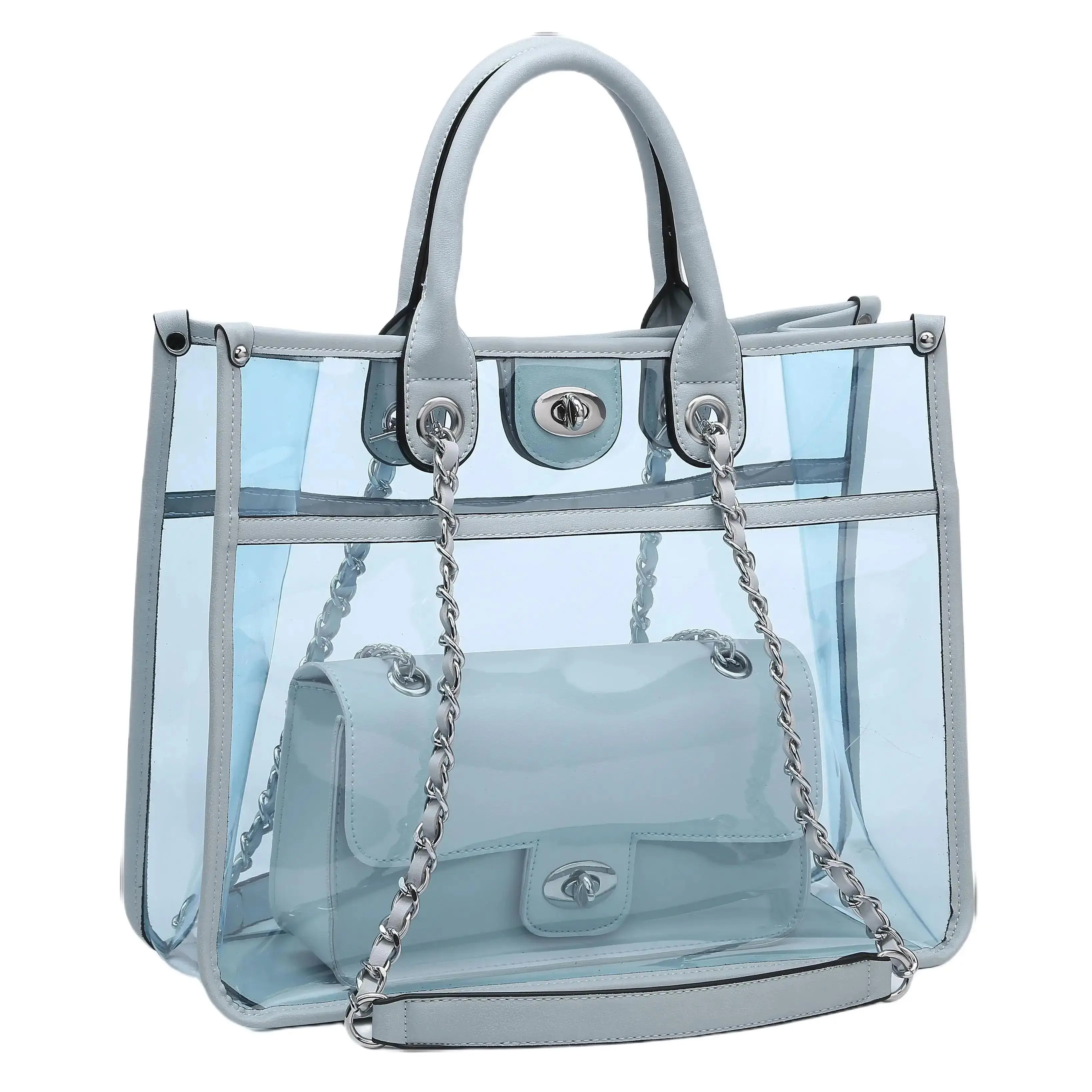 Large Clear  Bag Top handle Bag for Women Handbag Messenger Crossbody Purse With Turn Lock Closure (2 Sets) beach waterproof tote
