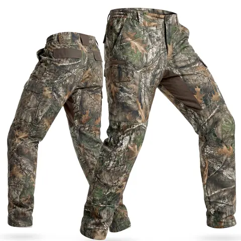 LOOGU Adult Men's Polyester Camouflage Hunting Pants - Adjustable Waistband, Water-Resistant, Quiet, Matte, 6-Pocket Carry, 2 Cargo Pockets, UV Protection, Triangular Crotch, Breathable, All-Season for Archery Turkey Hunters