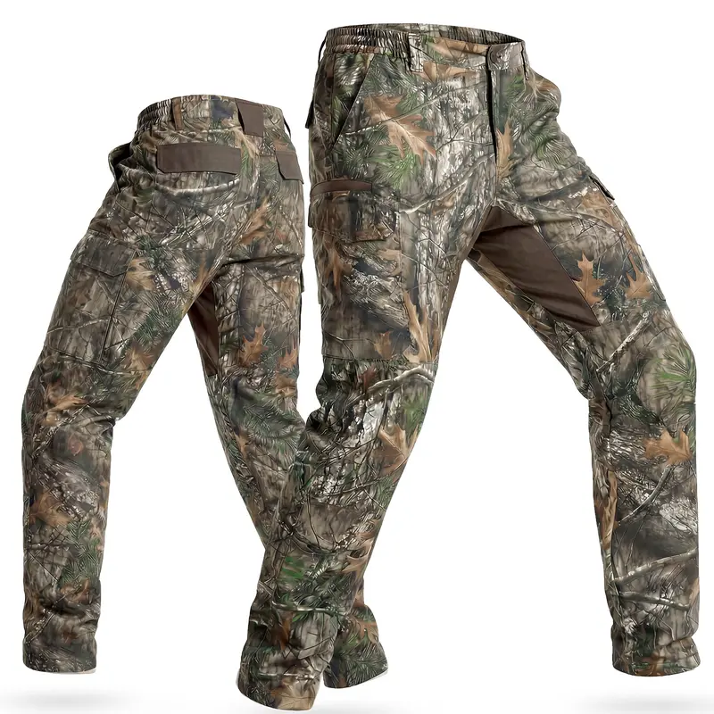 LOOGU Adult Men's Polyester Camouflage Hunting Pants - Adjustable Waistband, Water-Resistant, Quiet, Matte, 6-Pocket Carry, 2 Cargo Pockets, UV Protection, Triangular Crotch, Breathable, All-Season for Archery Turkey Hunters