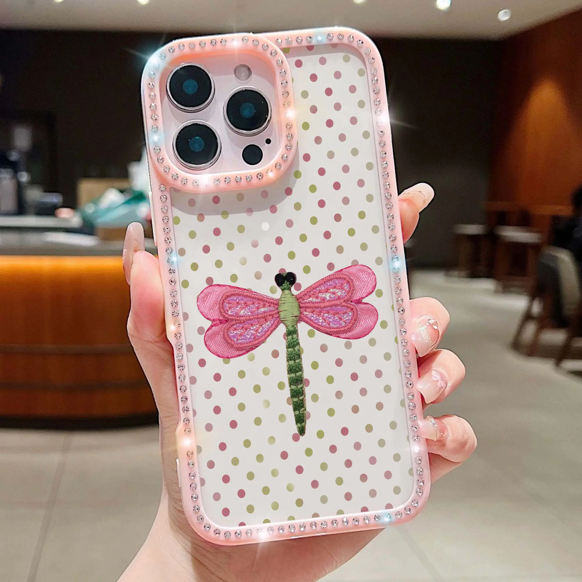 Cute Dragonfly Polka Dot Double-Sided Rhinestone Phone Case, Soft Silicone Shockproof Protective Case for Women Compatible with iPhone 11-17 Series