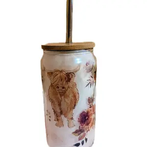 Highland Cow Tumbler with Floral Design and Bamboo Lid for Eco-Friendly Drinking