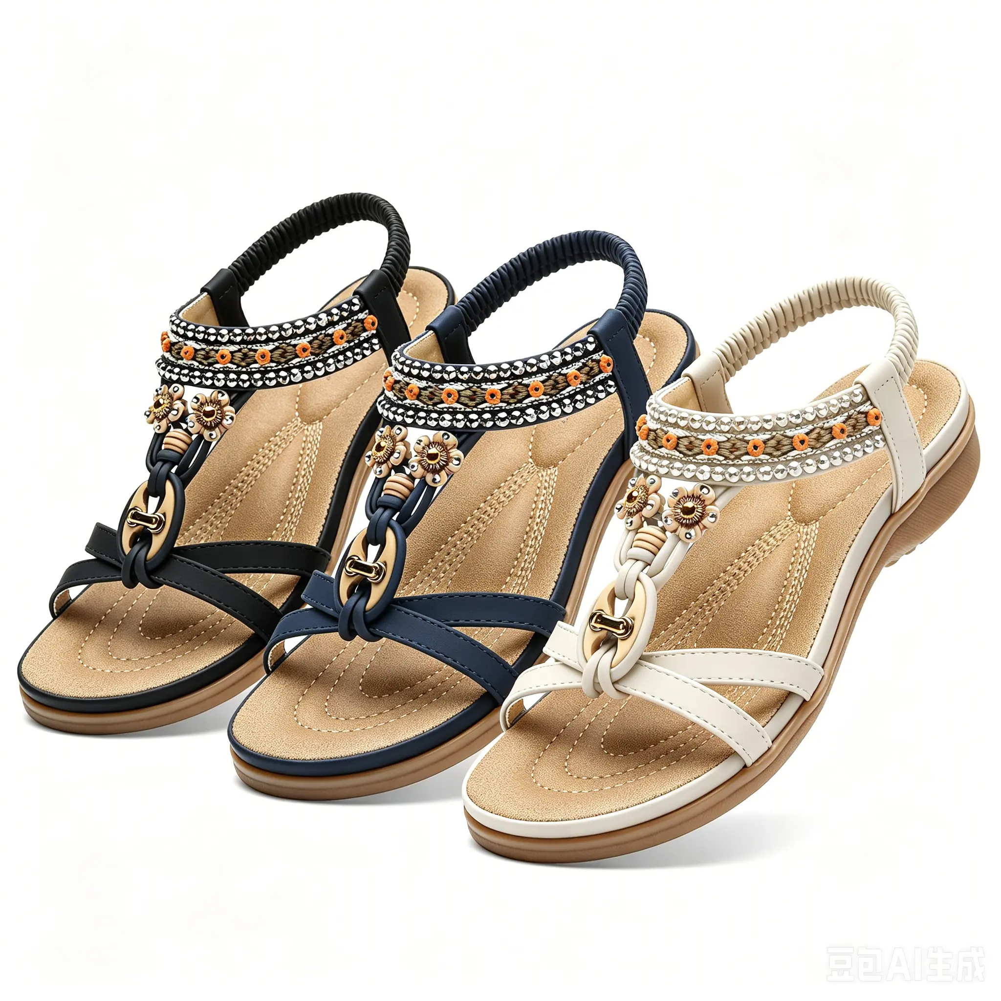 Women's Sandals, Bohemian Beaded Flat Thong Sandals with Floral Details, Comfortable Footwear for Summer Beach Vacation, Women Sandals