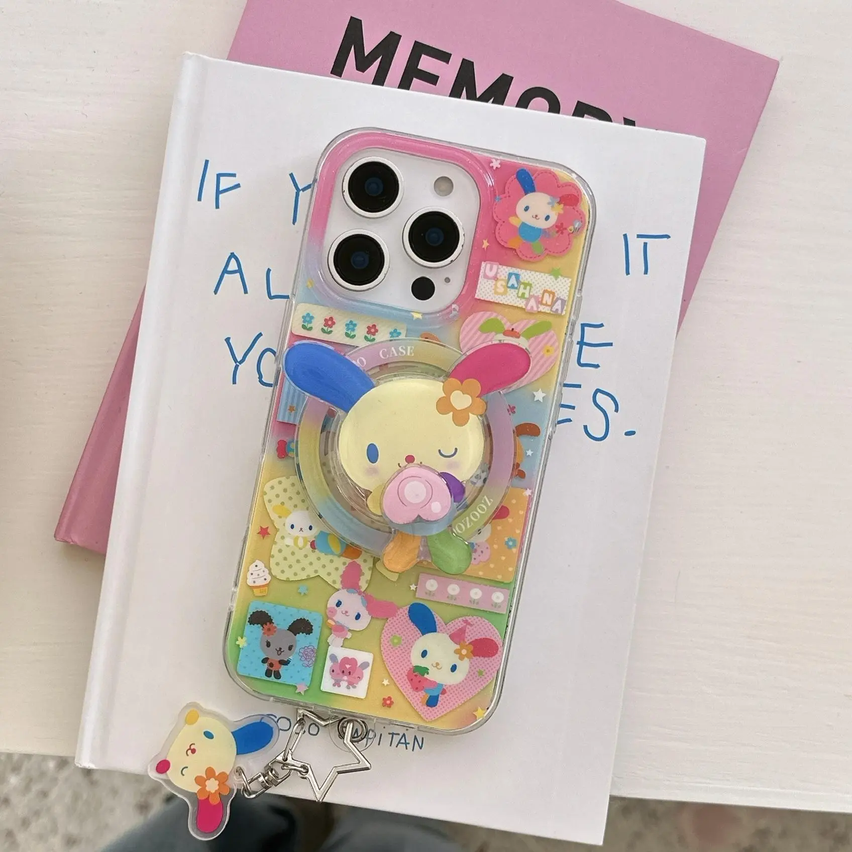 Magnetic Dual-Layer Heart Rainbow Rabbit Protective Smartphone Casing Case Cover for Apple iPhone 17 Pro Max, Fashionable Women's Simple Design, Accessories, No Wooden Material