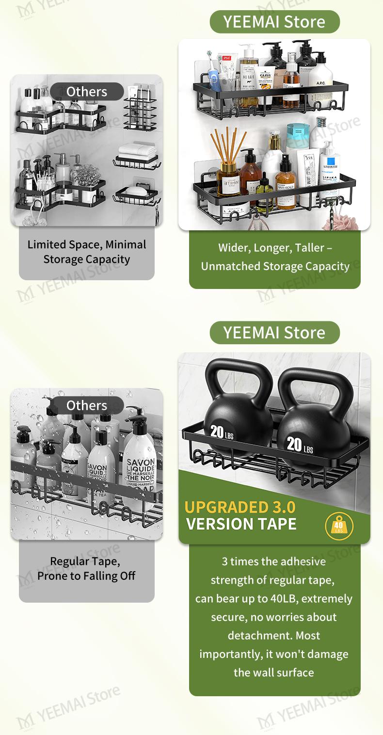 Shower Caddy Shelf Organizer Rack, Self Adhesive Black Bathroom Shelves Basket, Home Farmhouse Wall Shower Inside Organization and Storage Decor, Home Items Accessories, Moforoco Hanging Kitchen&Skincare&Cosmetic Organisers, Hollow Bathroom Rack Shelf