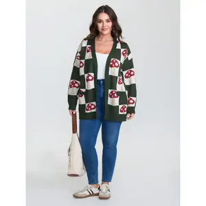 【Pocket Approved】Bloomchic Mushroom Checkered Jacquard Knit Cardigan