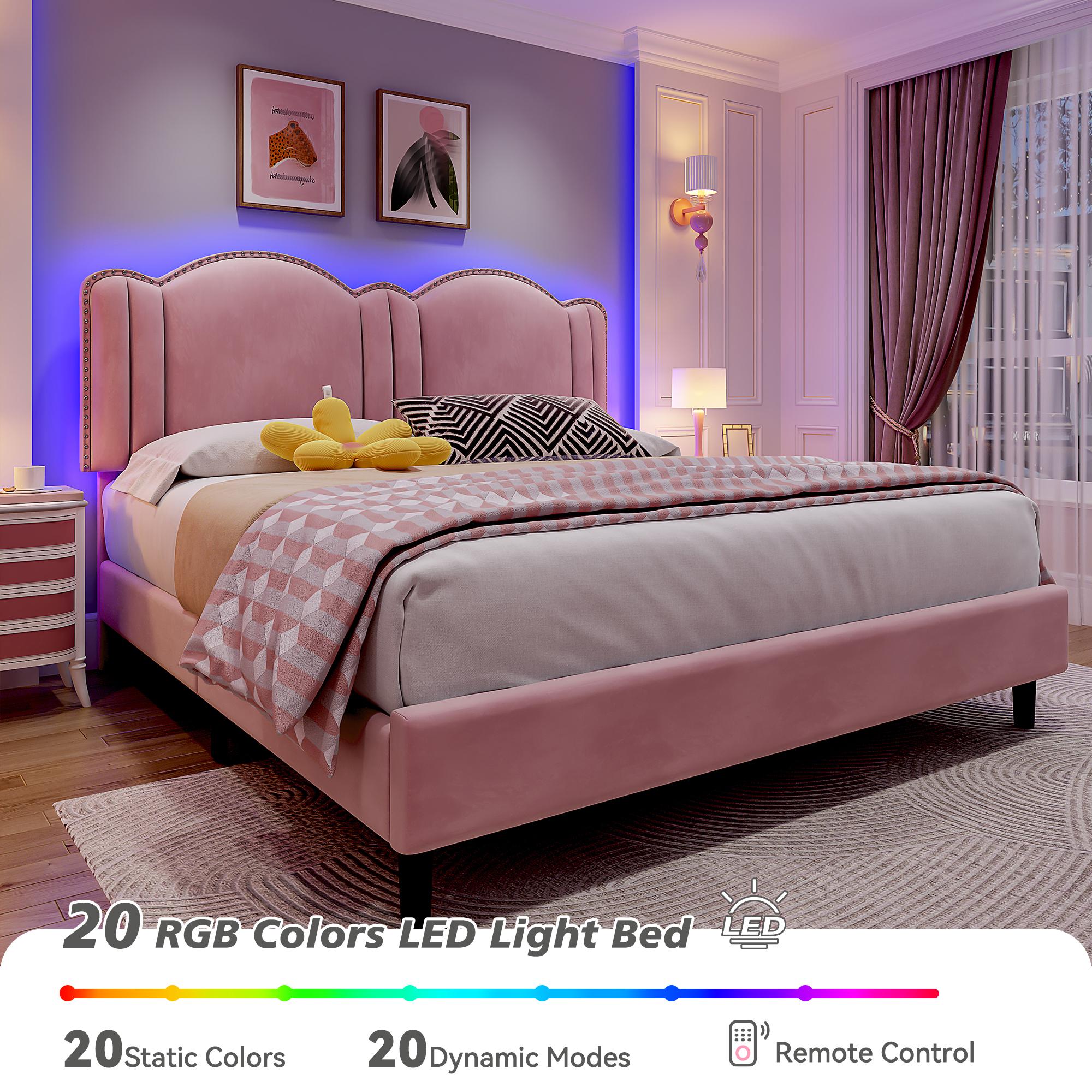 Raybee Furniture Pricess Bed Frame with Led Light, Elegant bed Frame with Headboard Adjustable, Upholstered Bed Frame, No Box Spring Needed