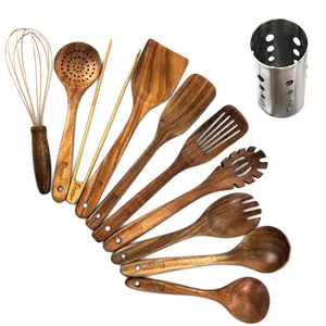 11Pcs Wooden Cooking Utensils Set, Teak Wooden Spoons for Cooking, Comfort Grip - Sturdy - Non Stick Wooden Spatulas for Stirring, Cooking, Kitchen Utensils Set with Stainless Holder