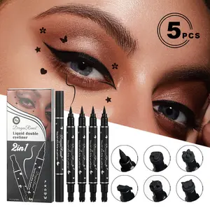 Waterproof Double-ended Eyeliner Stamp Pen (5 Counts/set), Heart & Flower & Star & Dot Shape Eyeliner Pens, Unique Shapes Eye Makeup Tool for Women & Girls
