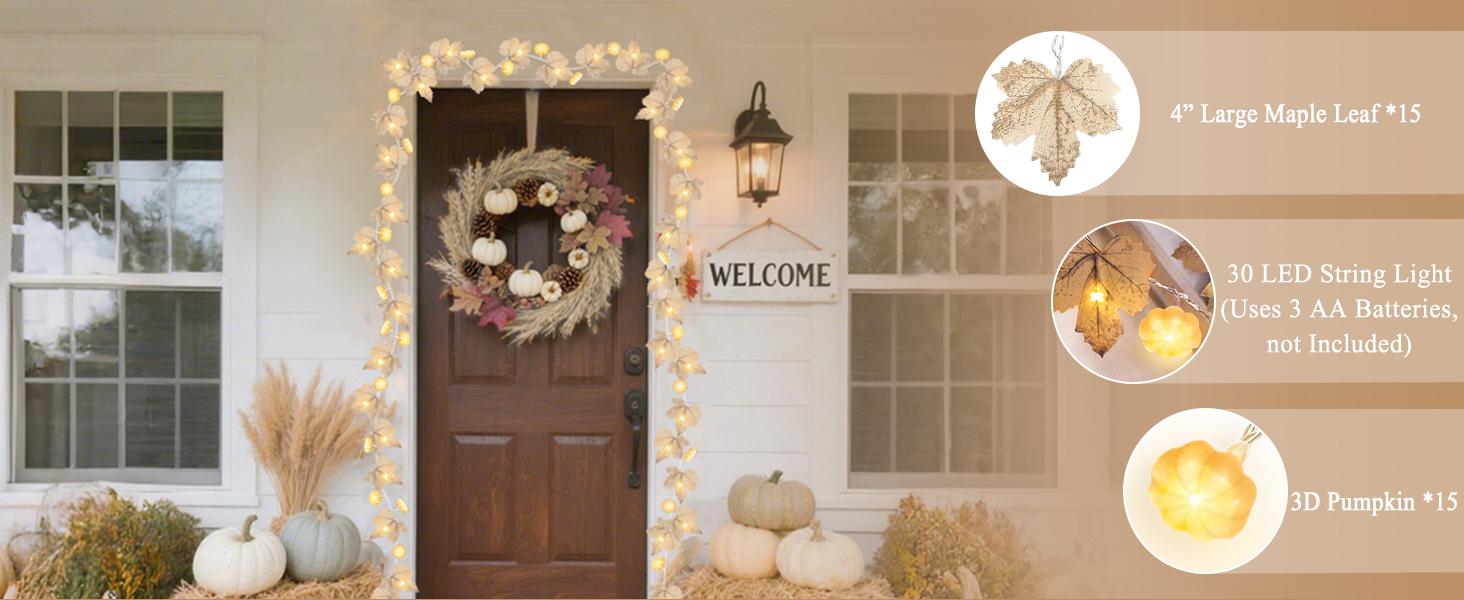 2 Pack Fall Maple Leaves Garland with Lights Fall Decor, 3D Pumpkin Lights & 40 LEDs, Total 14.4Ft Maples Leaf Garland Fall Lights Thanksgiving Decorations for Home Indoor Outdoor Mantle Fireplace Porch Table Decor