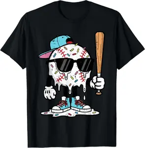 Baseball Ice Cream Drip Funny Sports Boys Youth Men T-Shirt Cotton Fabric