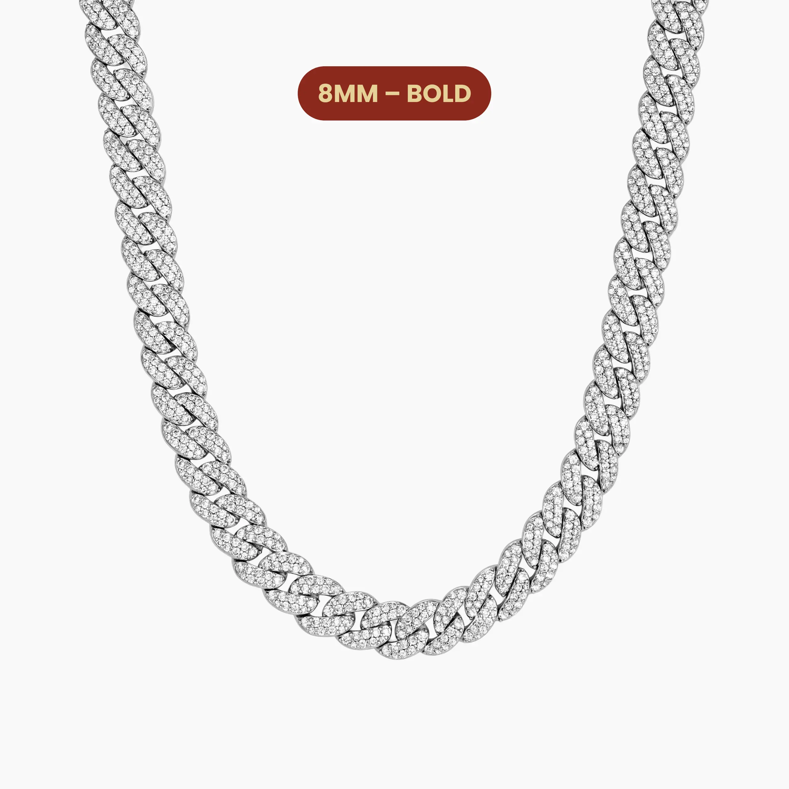 JAXXON Iced Out Cuban Link Chain 8mm - Silver - Rhodium Bonded for Shine & Durability - Box Clasp