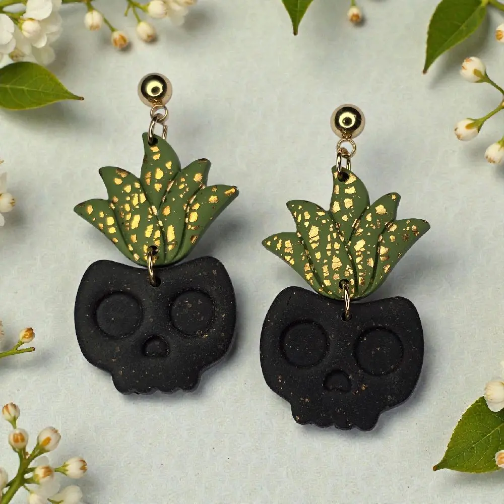 Succulent Skull Planter Earrings | Polymer Clay | Gothic Plant Mom Jewelry