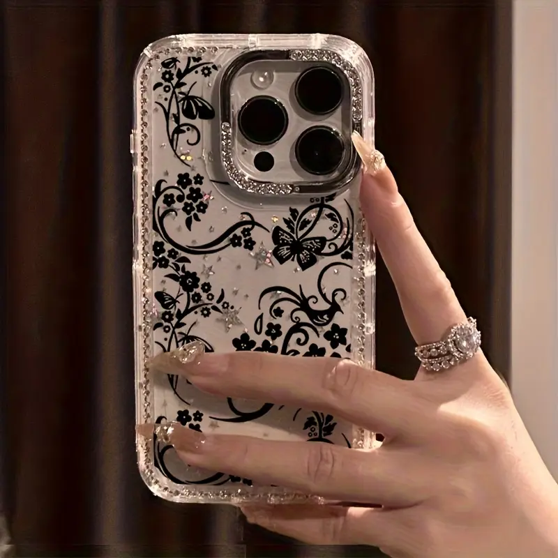 Butterflies Pattern Phone Accessories Case - Sparkling Rhinestone, Transparent Starry Border, Drop Protection Cover for Multi-Model iPhone Series (17,16,15,14,13,12, Pro Max Plus) Shockproof Protective Casing