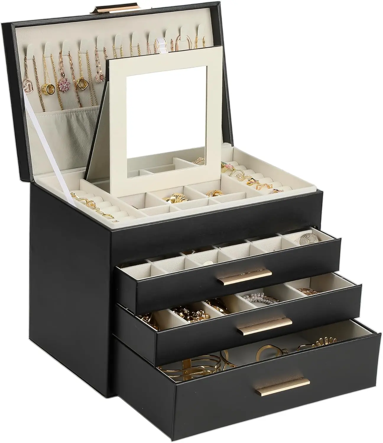 BOOVO（Black）4-Tier Large Jewelry Organizer Box with Mirror, Multifunctional Luxury Leather Storage Display Case for Rings, Earring, Necklace Tangle-Free, Bracelet, Brooch, Glasses. Aesthetic Vanity Dresser Decor, Premium Gift Choice for Her