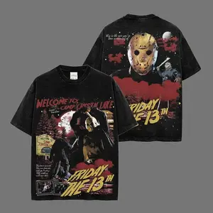 Crystal Laker Camper Jason Voorhees - Friday The 13th Movie Heavyweight Acid Washed Cotton T-Shirt, Horror Movie Character Halloween Tee, Horror Icon Outfit, Spooky Halloween T-Shirt