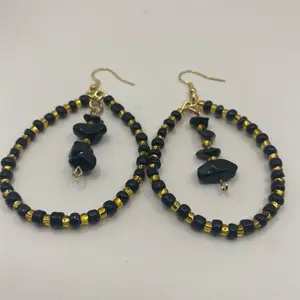 Handmade Black Obsidian Gemstone Chip Hoop Earrings - Gold Beaded Dangle