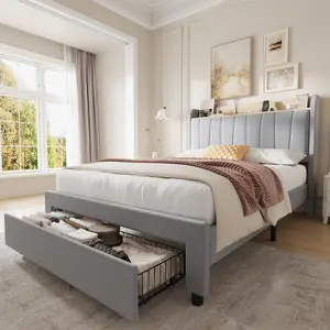 Twin Size Bed Frame with Storage Headboard and Charging Station, Grey Upholstered Platform Bed Frame with Drawers, Heavy Duty, No Box Spring Needed, Easy Assembly