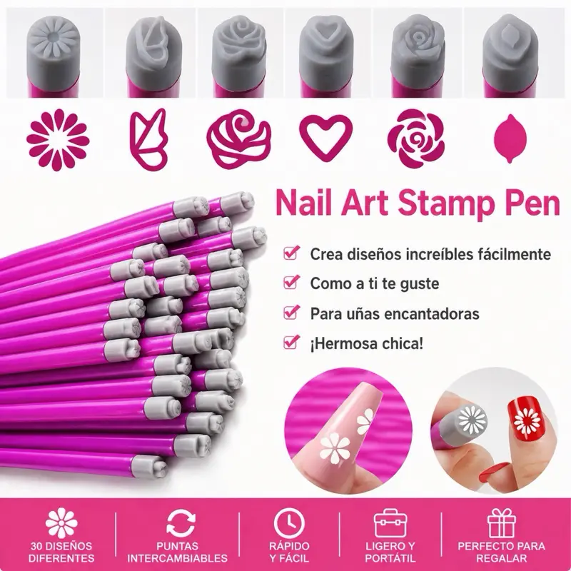 Nail Art Stamp Pen Kit - Beauty & Personal Care Manicure Supplies with 5 Stamp Pens, 30 Reusable Silicone Tips for Easy Nail Designs