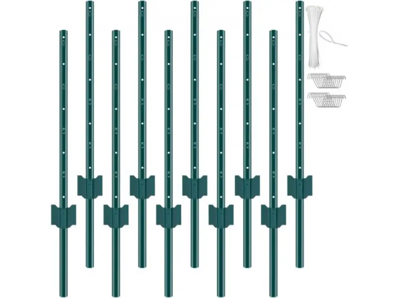 Vevor T-Shaped Heavy Duty Metal Fence Posts, 3 ft. Green Outdoor Gardening Fence Posts (Pack of 10) - Model WLLZJSK3YC10X2TT5V0