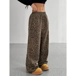 Women's chic leopard print drawstring straight leg pants - casual, non elastic polyester blend, machine washable - perfect choice for spring, summer, autumn, winter