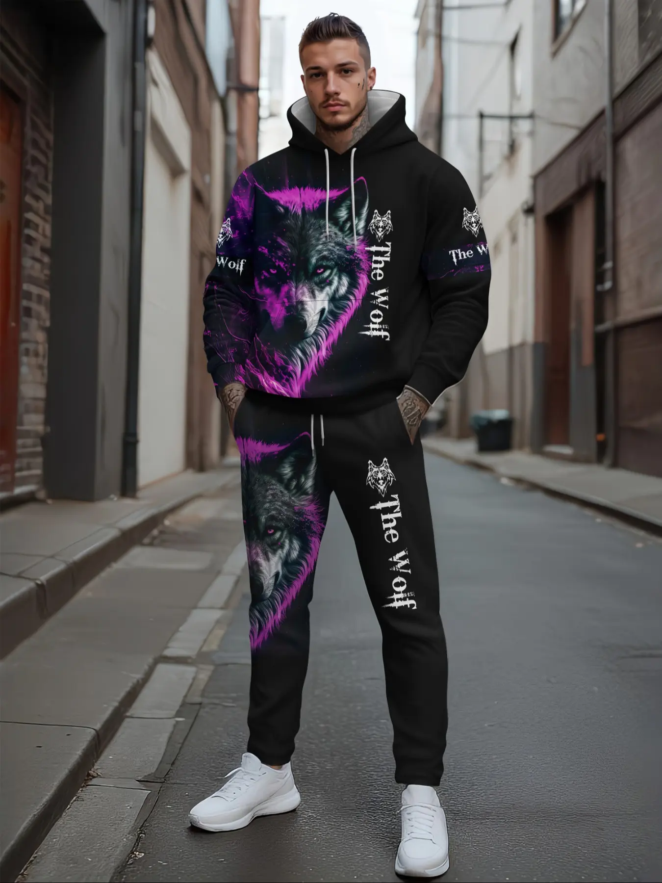 Men's Plus Size Hoodie and Sweatpants Set, 3D Wolf Pattern, Casual Sportswear, Streetwear Tracksuit Set, athletic tracksuit, Athleisure Tracksuit Outfit, Comfortable Fashion, Ideal for Leisure, Fitness, Outdoor Activities