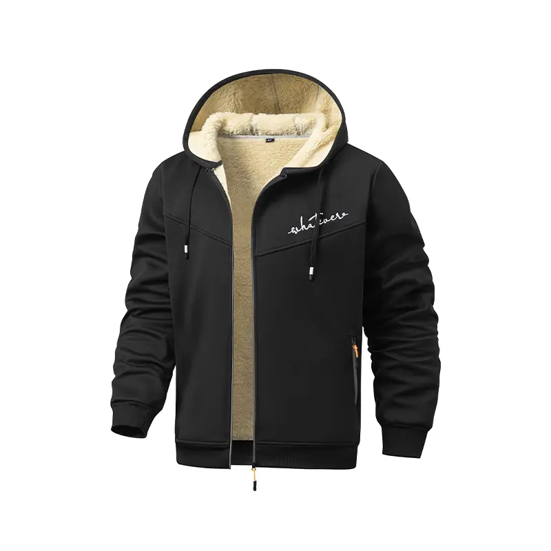 Men's Sherpa Lined Zip Up Hoodie Embroidered Fleece Jacket Winter Thick Warm Hooded Sweatshirt Coat