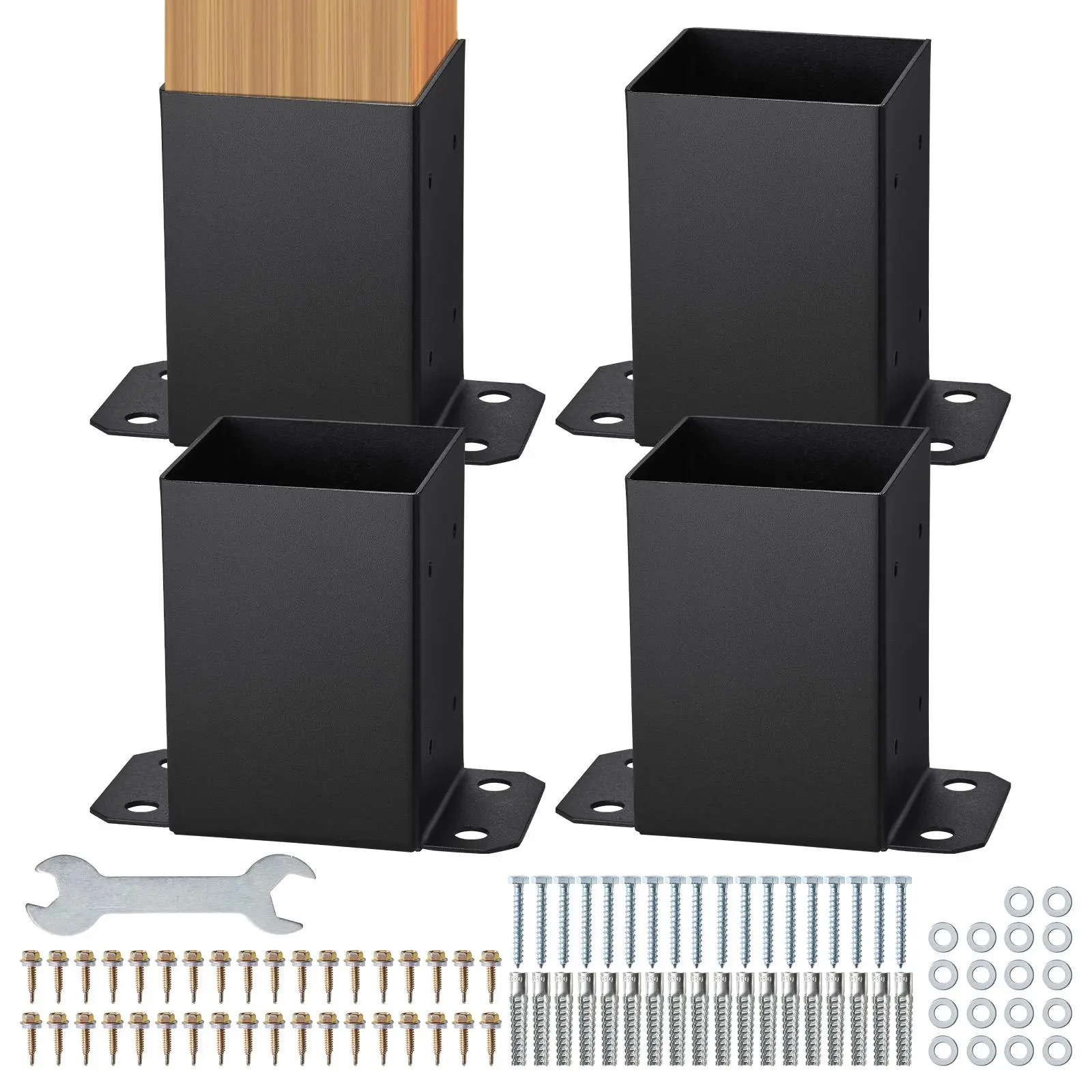 VEVOR 4x4 Post Base 4 Pcs,  Inner Size 3.6"x3.6" Post Base Brackets, Heavy Duty Powder-Coated Post Anchor Matte Black Wood Post Brackets for Pavilion Deck Railing Support Deck Base Plate#SohoChic