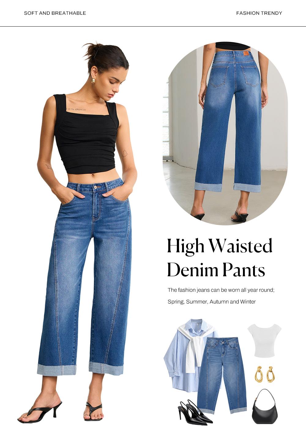 Sidefeel Women's High Waisted Wide Leg Cropped Denim Jeans Relaxed Fit Light Wash Jeans with Rolled Cuffs