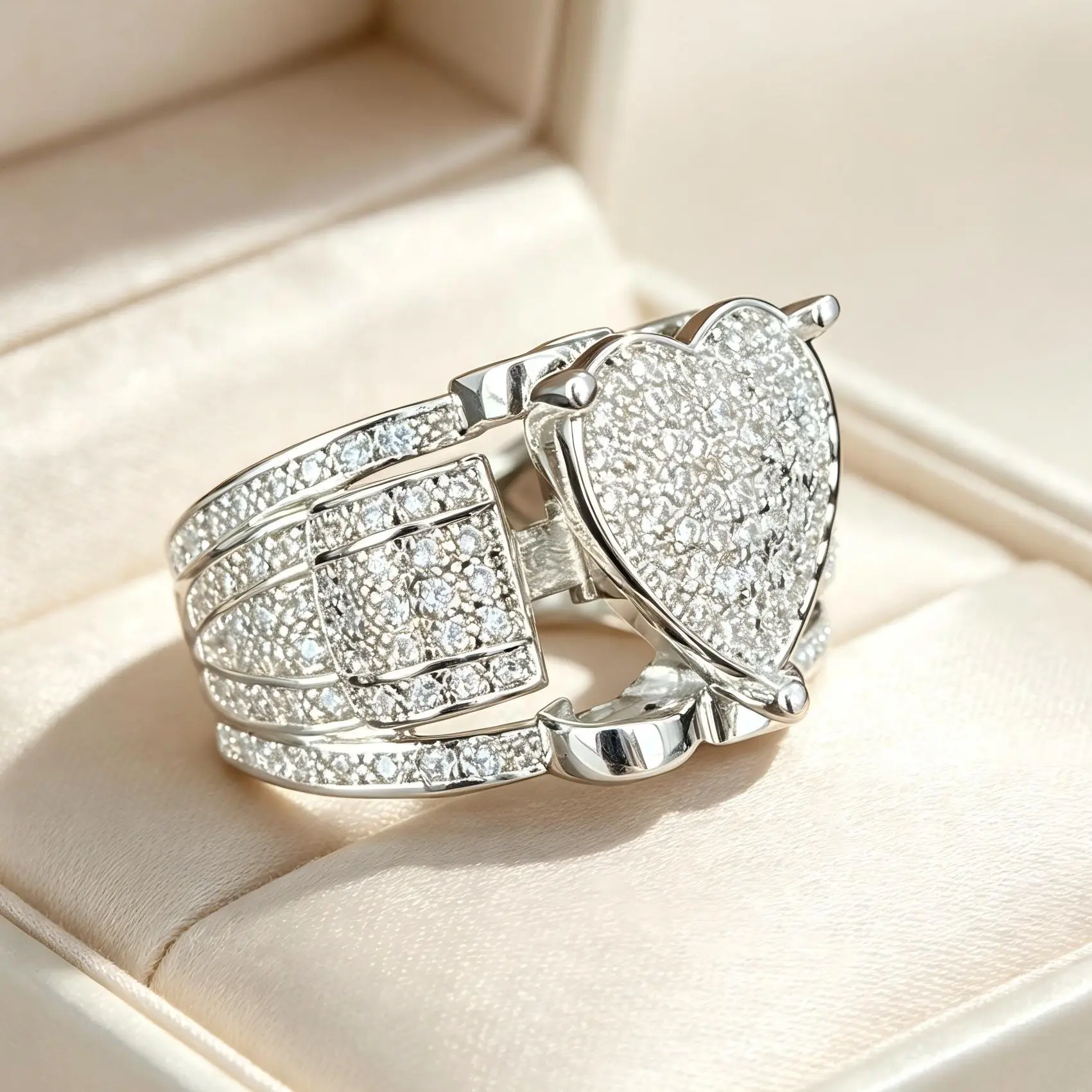 Pave Heart Shaped Ring Set for Women, 2-Piece Stackable Multi-Row Wide Band, Romantic Bridal Statement Jewelry, Anniversary Gifts for Her, Fashion Heart Rings, Layered Rings