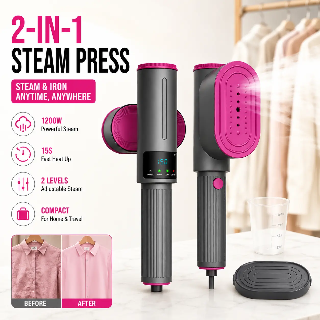 2-in-1 Handheld Steaming Iron - 1200W Adjustable Turbo Foldable Clothes Steamer, Ceramic Sole, Large Panel, Fast Heating Compact Wrinkle Remover for Home, Dorm Rooms, Hotels, Apartments