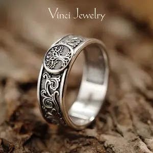 925 Sterling Silver Vintage Tree of Life Ring, Norse Mythology Retro Yggdrasil Design Viking Jewelry, Trendy Pagan Jewelry, Hypoallergenic Unisex with Jewelry Gift Box