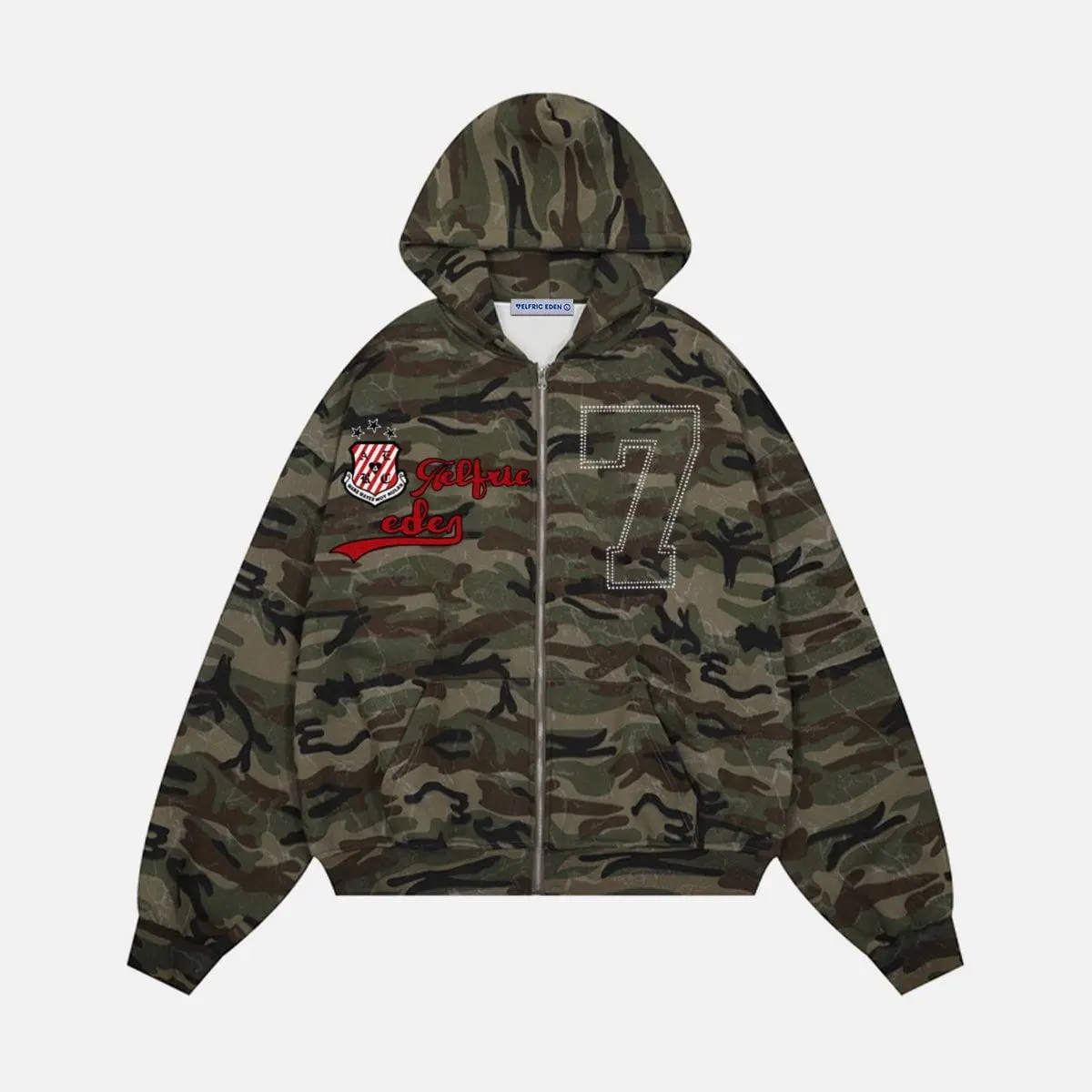 Aelfric Eden Unisex Camo Zip Hoodie Embroidered Pattern 77  Loose Street Style Y2K Oversized Sweatshirt,clothes for back to school,first day of school outfits