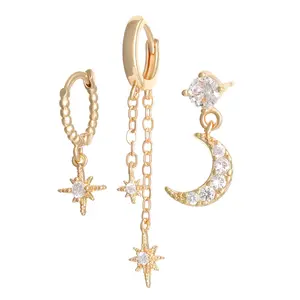Star and Moon Earrings Set: 3 Piece Zirconia Embellished Stacking Dangle Hoop Earrings for Women
