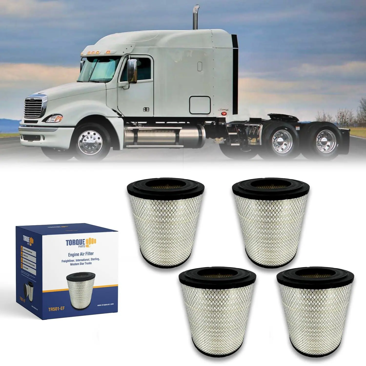 TORQUE Engine Air Filter Set (4 PCS) - Car Filter Accessories, Direct OEM Replacement, Height 14.86", Compatible with Select Freightliner Columbia, Coronado, Argosy, Condor, Century Class Semi Trucks, Replaces RS3518, LAF1849, AF25139M, 46556, TR501