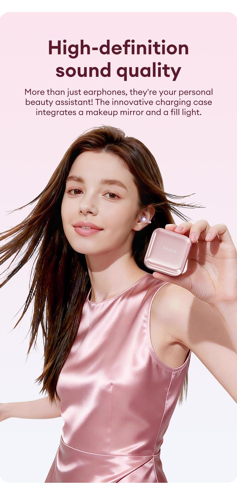 PAXA M161 Stylish Clip-On Wireless Headphones with Bluetooth 6.0, Built-In Makeup Mirror & Fill Light, Hi-Definition Sound, Low-Power Stable Connection, Audio Earbuds for Music & Phone Calls, Perfect Gift for Girls