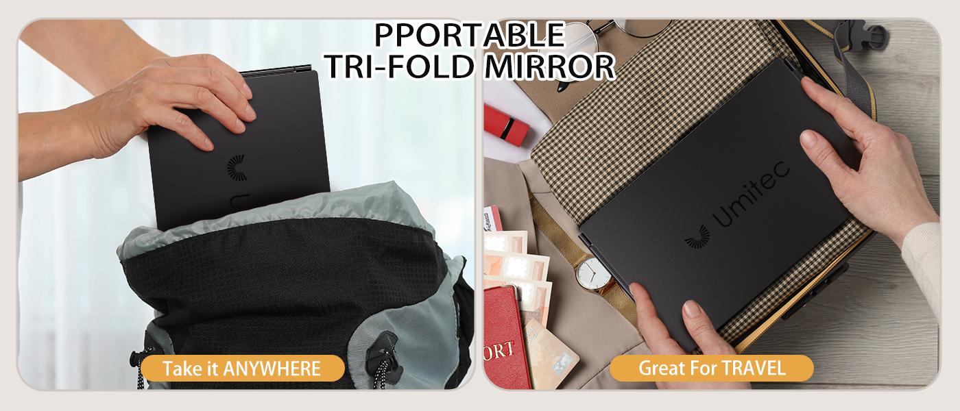 Umitec Adjustable LED Light 3 Way Mirror, Portable Trifold Mirror for Shaving, Grooming, Hair Styling, Dye Hair, Makeup, Braiding, 360 Degree Mirror