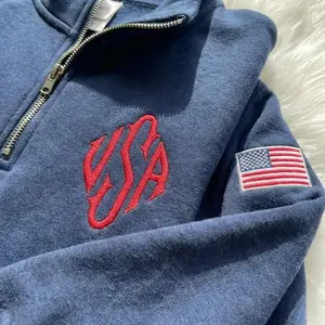 Custom Initials Monogram Embroidered Quarter Zip Sweater, USA Sleeve Sweatshirt, Old Monogram Quarter Zip Shirt, Unisex Navy Freedom Cotton