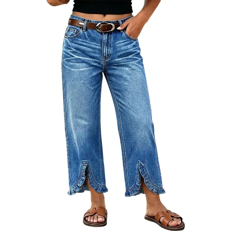 Flamingals Wash Split Ruffle Hem Mid Rise Straight Leg Cropped Jeans Without Belt Stretchy 24.8'' Inseam