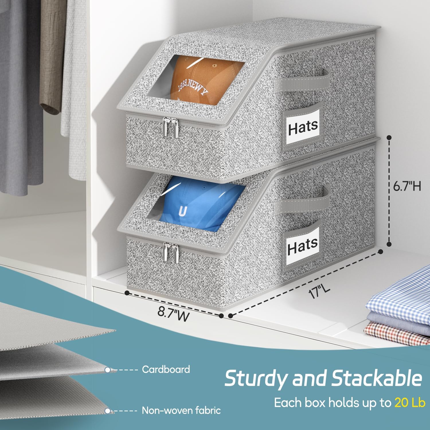 Fathers Day Gifts 1 or 2 PCS Stackable Hat Storage Boxes for Baseball Caps, Holds Up to 24 Hats, Durable Cardboard Box for Men, Classic Style, Wardrobe Organizer Fathersdaygift