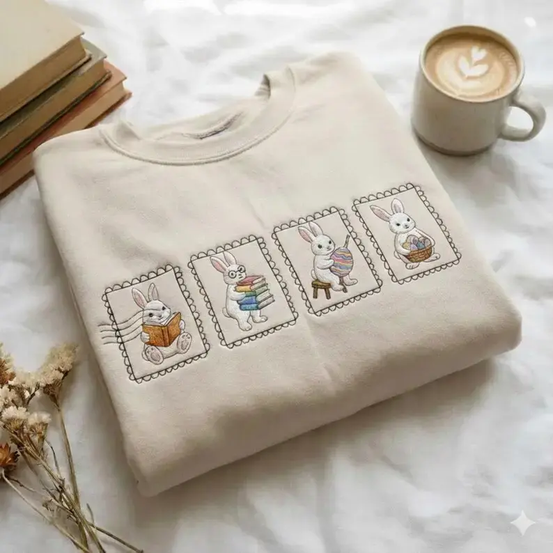 [MADE IN US] Bunny Embroidered Sweatshirt, Cute Bunny Embroidery Sweatshirt, Story Bunny Shirt, Easter Bunny Top, Cozy Embroidered Spring Shirt