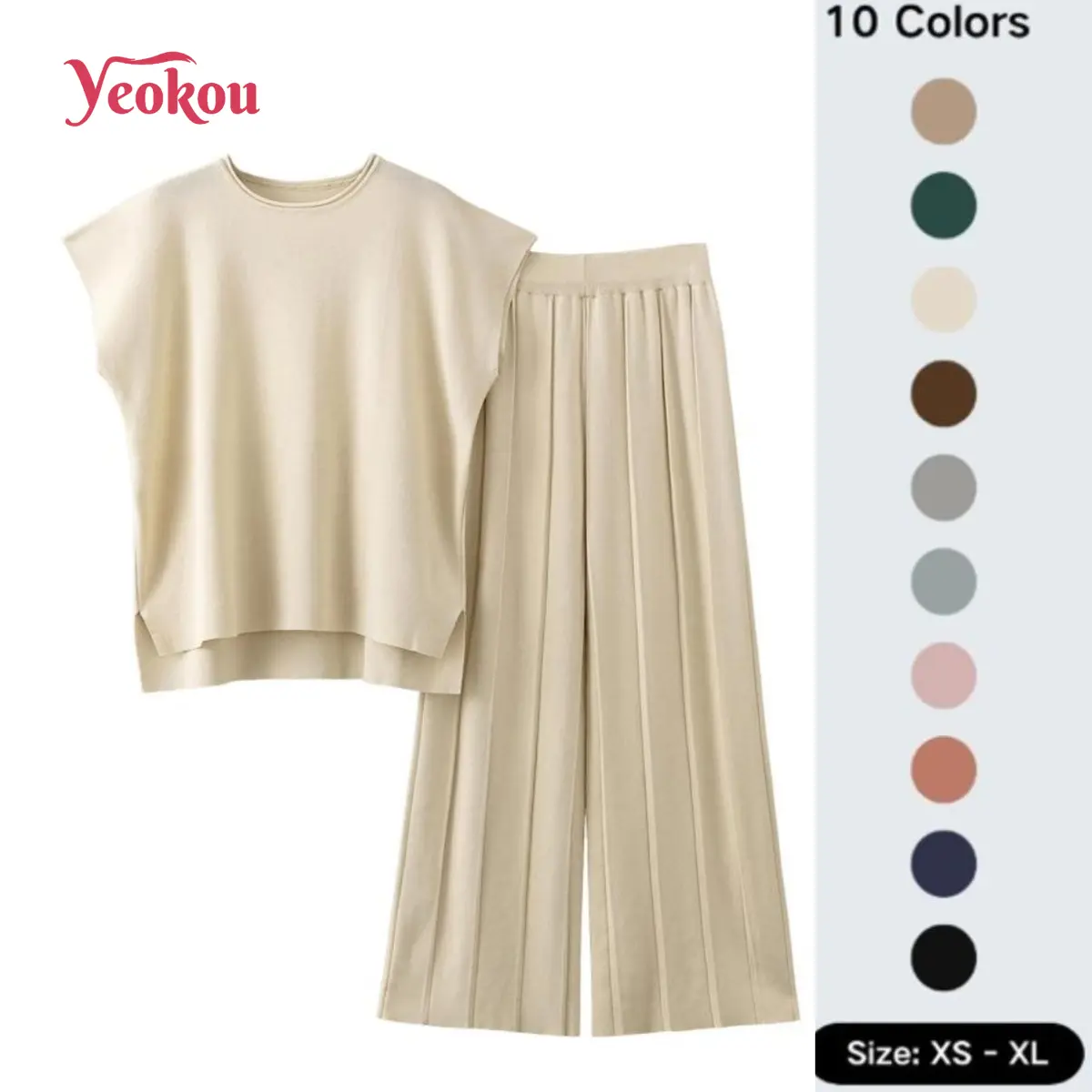 Yeokou Women's 2 Piece Sets, Minimalist Solid Knit Loungewear with Shortsleeve Round Neck Top and High-Waist Wide Leg Pants, Basic, Casual, Sets For Women 2 Piece, Cap Sleeve, Lady, Trouser, Women's Clothes