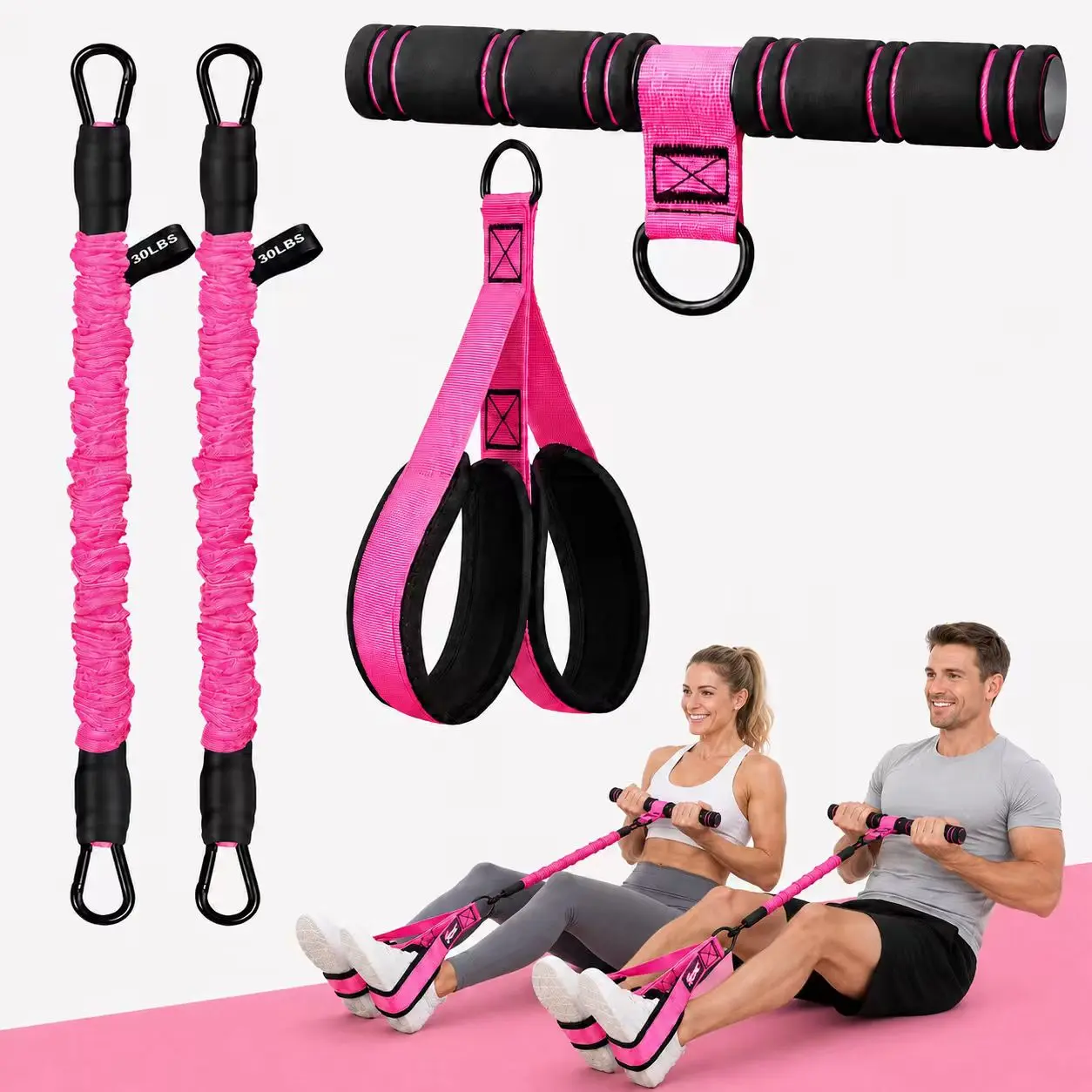 Pilates Pedal Puller Resistance Band Trainer with Multifunction Tension Rope – Portable Exercise Equipment for Full-Body Home Workout & Total Body Training, Foam Handles, Soft Pedal Loops for Exercise Sit-Up & Abdominal Training